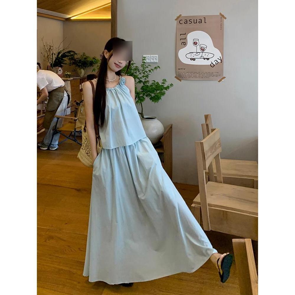 

Женский летний зеленый элегантный комплект из двух частей: Топ без рукавов и юбка миди M-(suggested for 90-100 jin)