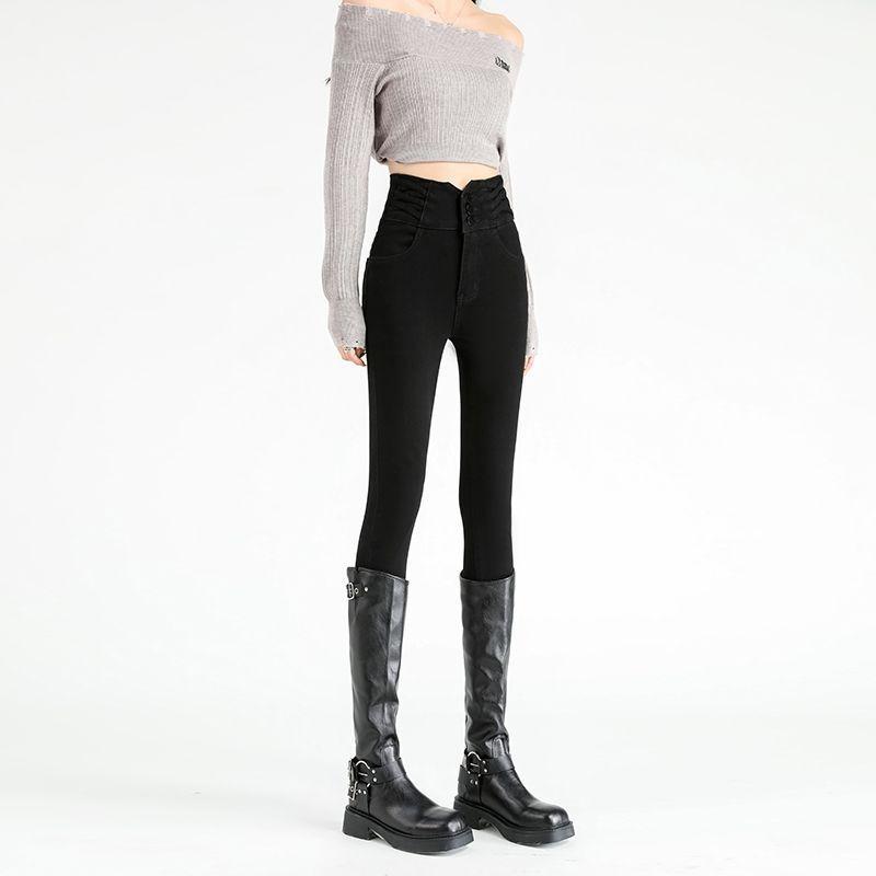 Women's High-waisted and Small-footed Jeans, the New Season Slim-fitting and Thin, Fleece Tight Pencil Winter Pants