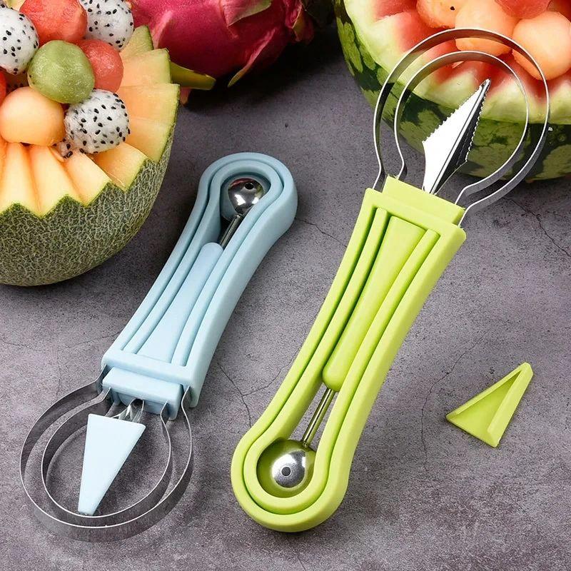 4 In 1 Stainless Steel Fruit Tool Set Melon Ball Spoon Set Knife Shape Set Fruit Carving Knife Cutter Watermelon Slicer Kitchen Accessories