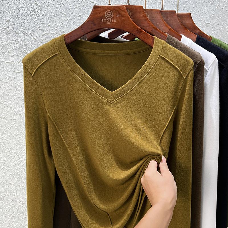 Front shoulder women's spring and summer new fishbone line design top women's bottoming shirt long sleeve t-shirt