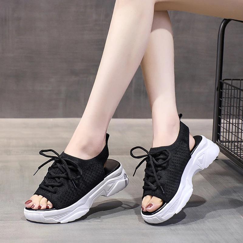 Fashion Shoes for Women 2024 Hot Sale Lace Up Women's Sandals Summer Open Toe Breathable Mesh Solid Platform Casual Comfortable Sandals