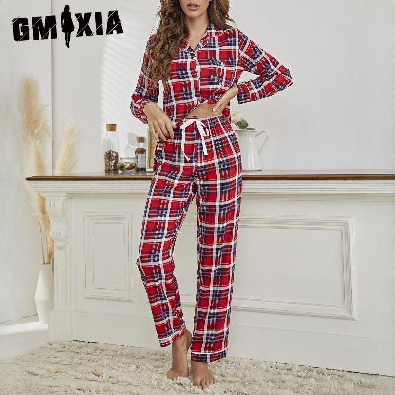 

GMXIA Pajamas Women s Autumn and Winter Christmas Red Plaid Cardigan Long-sleeved Homewear Set L