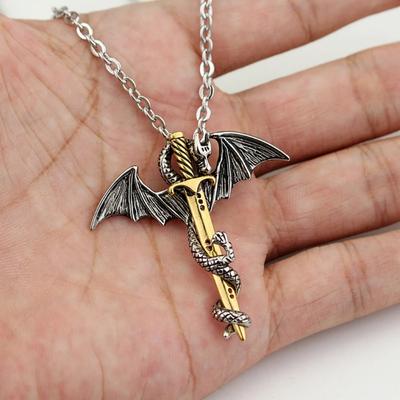 Vintage Pterosaurier Schwert Halskette | Fliegender Drache Geflügelt Gerollt Anhänger Kreuz Punk Schmuck Unisex Accessoire für Männer Frauen