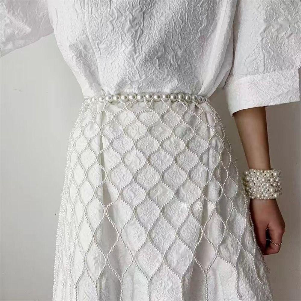 French Style Pearl Waist Chain Handmade Beaded Belt Luxury Pearls Tassel Shawl  Summer Beach