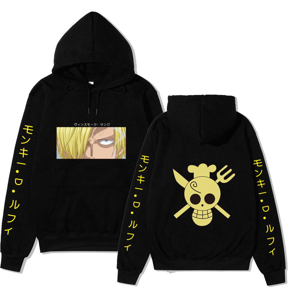 One Piece Sanji Hoodie, Chef Pirate Skull Logo Japanese Letter Sleeve Print Pullover Sweatshirt Unisex Streetwear