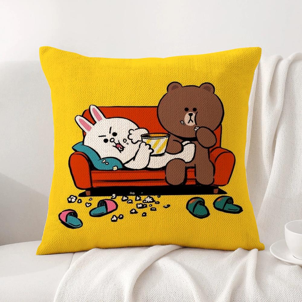 B-Brown Bear And C-Cony Cushion Cover Summer Coolness Linen Fabric Double-Sided Printing Pillow Case Sofa Home Decor Gift