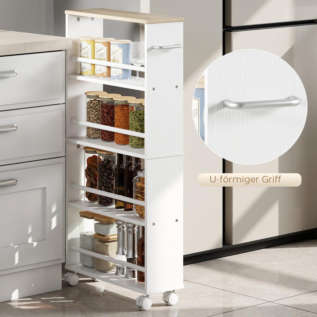 Multifunctional Natural Wood Shelf with Wheels, Slim Design, 4 Compartments, 45x15x91 Cm, White