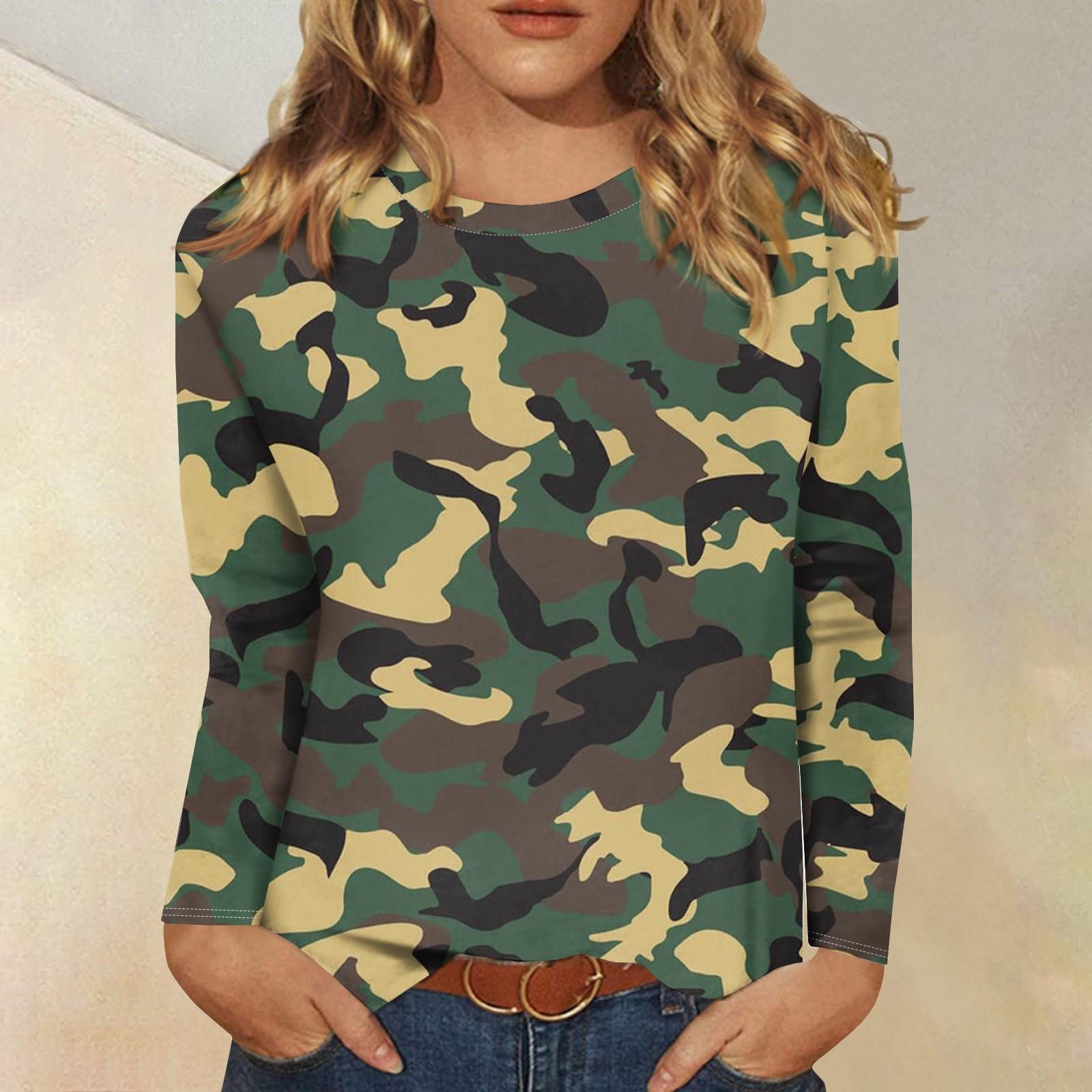 

Женская модная повседневная футболка с длинным рукавом и круглым вырезом с камуфляжным принтом S