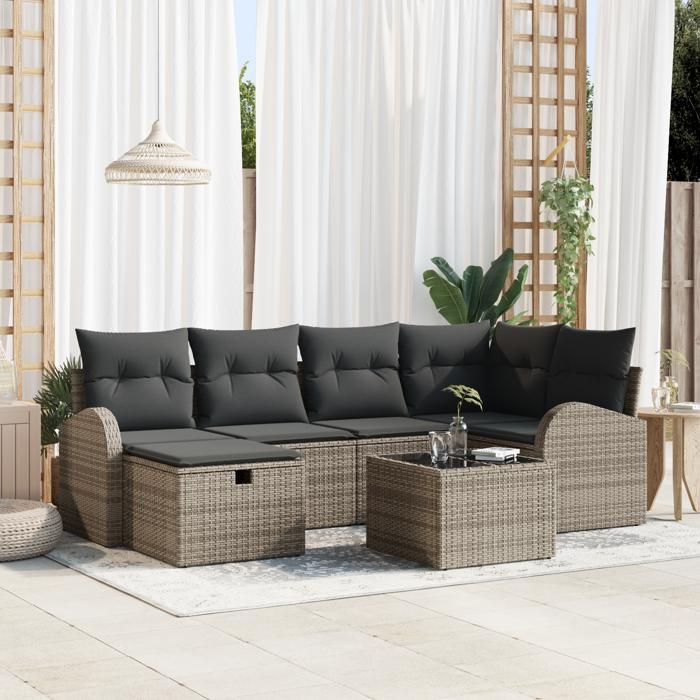 VidaXL Ensemble de canapé de jardin 7 pièces avec coussins gris poly rattan 3359088