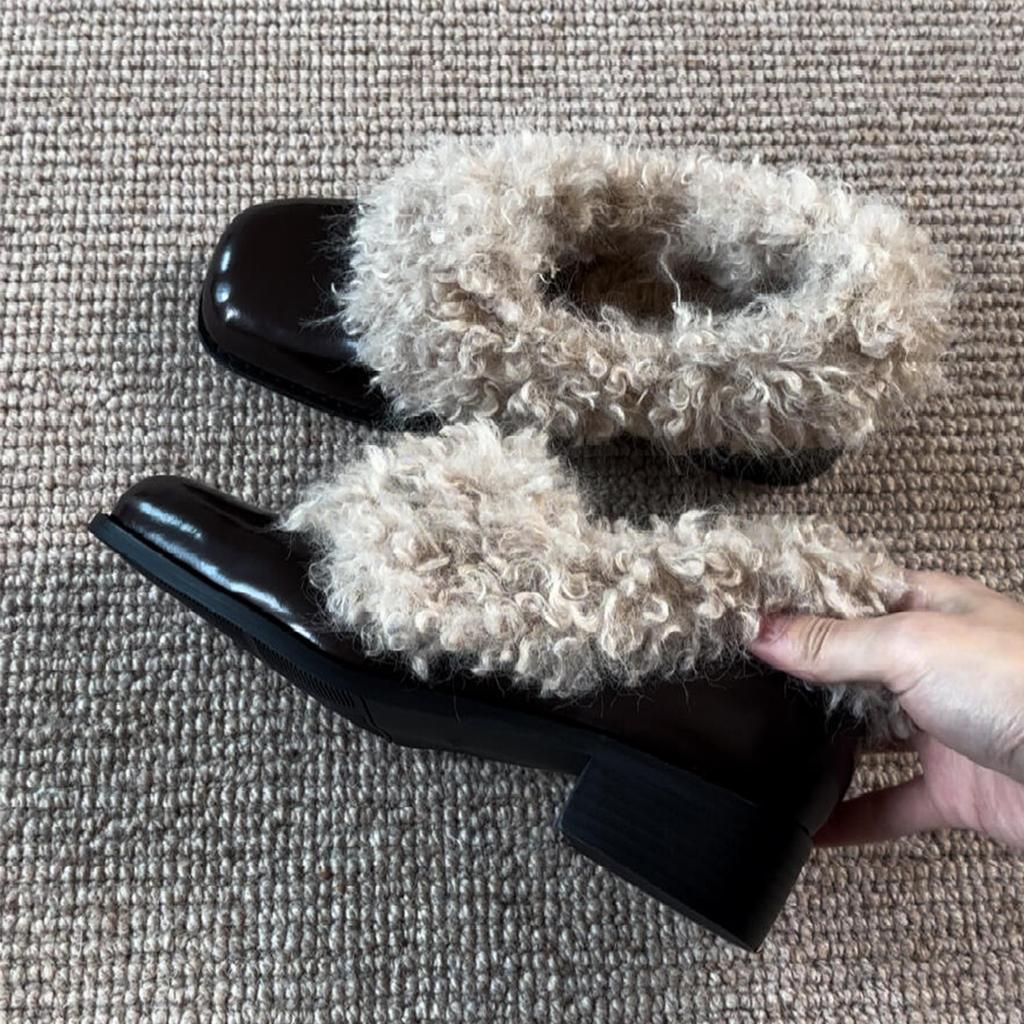 Thick Heel Retro Fluffy Shoes Women's Head Pedal Single Shoes Winter Plush Warm Small Leather Shoes