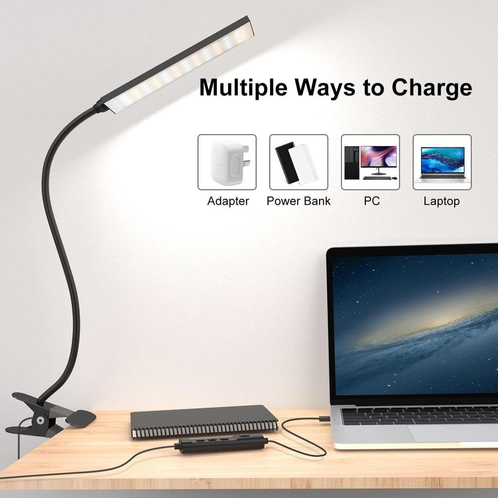 Vansuny Clip On Light LED Desk Lamp with Eye-Caring LED Light and Metal Clip, 11 Level Brightness 3 Color Modes, Power by USB Port 5W Flexible