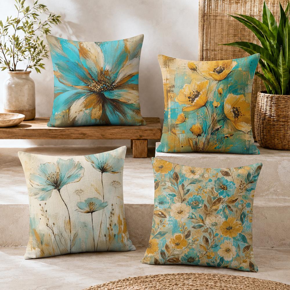 Turquoise Yellow Flower Cushion Cover Durable Hypoallergenic Organic Linen Pillow Cover Short Size Washable Skin-Friendly