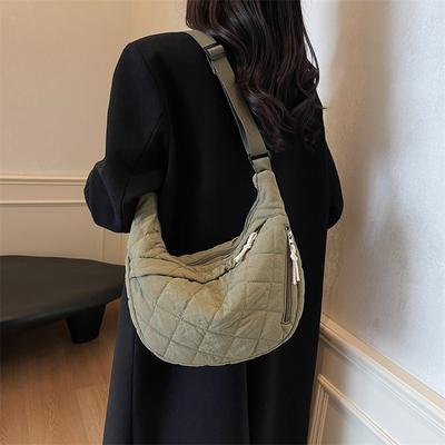 Rhombus Dumpling Bag Autumn and Winter New Trendy Casual Large Capacity Solid Color Cloth Bag Light Commuter Shoulder Messenger Bag Women