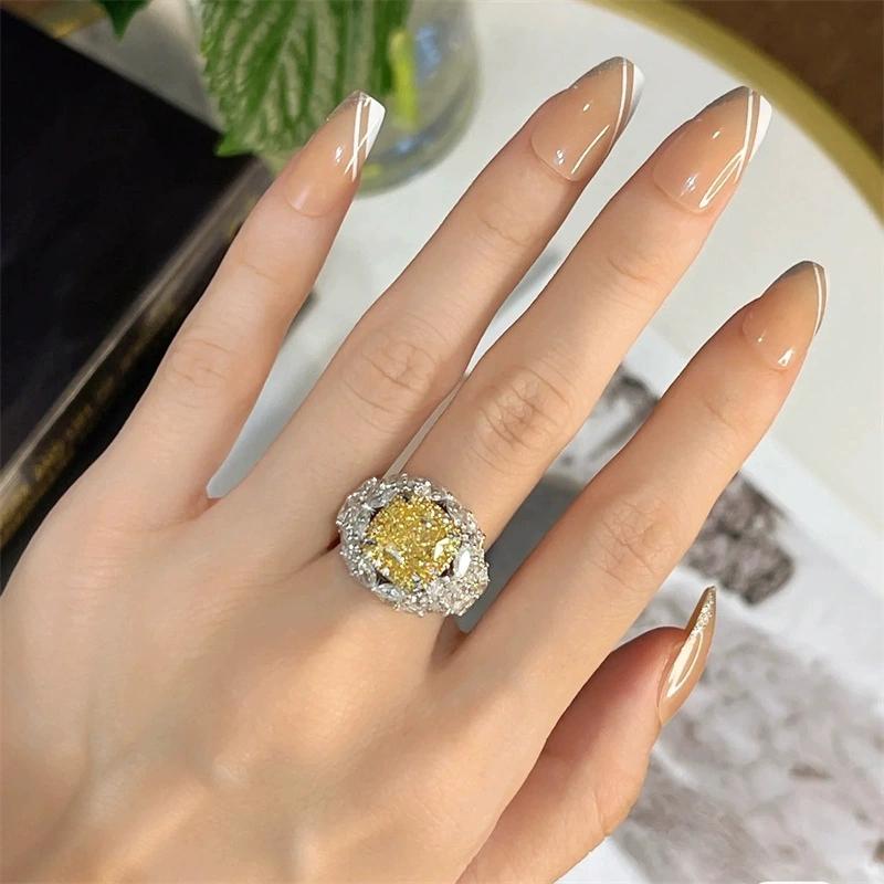 Luxury Women'sv Yellow CZ Crystal Stone Ring for Women Party Elegant Lady Finger Anniversary Gift  Sterling Silver
