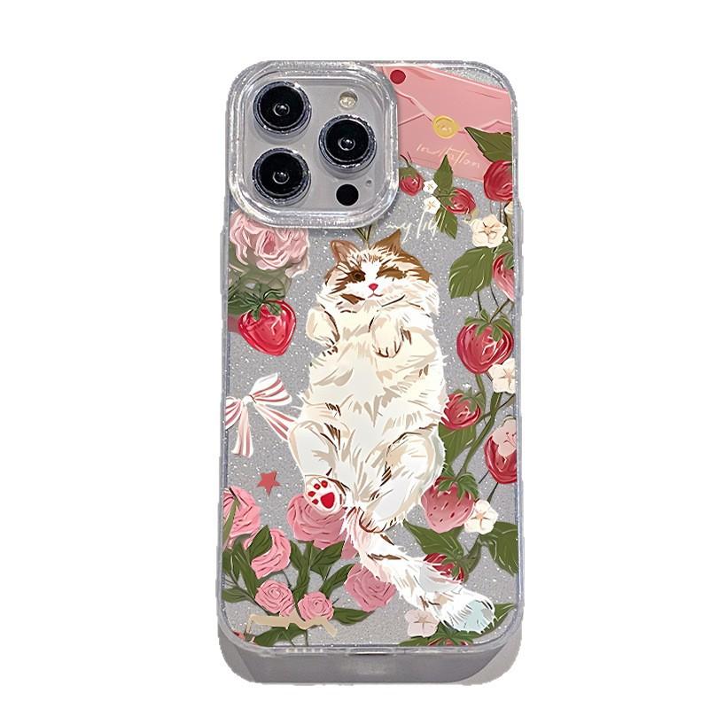 Spring sweet girl atmosphere strawberry rose cat apple 13 mobile phone case iPhone17 glitter anti-drop protective case