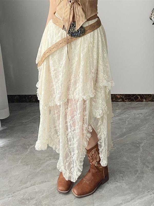 

Женская богемная этническая юбка с волнистым низом и высокой талией, кружевная полуюбка One Size бежевый