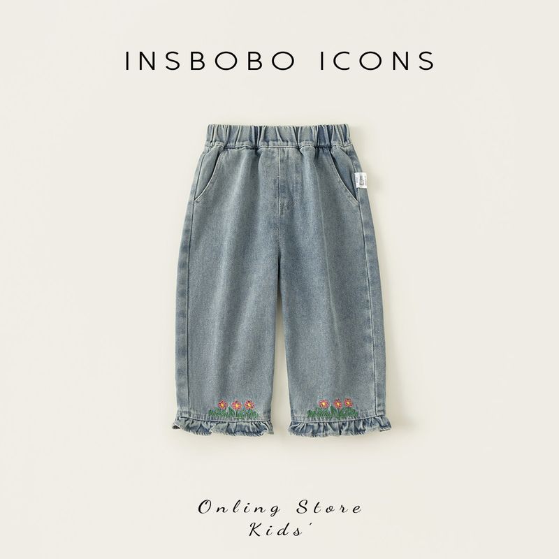 Insbobo Girls  Spring Clothing 2026 New Jeans Baby Girl Wide-Leg Pants Embroidered Pants Children s Clothing Trendy Blue 100