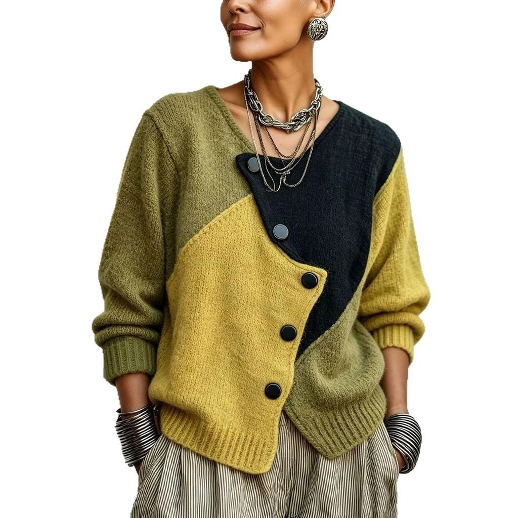 Vintage Geometric Knit Cardigan With Round Neck For Autumn Winter Casual Wear