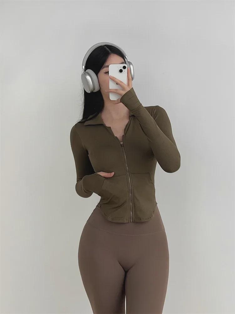 Women's Long Sleeve Fitness Jacket - Autumn/Winter Yoga & Running Outerwear with Lapel Zipper