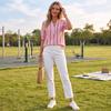 Dames Zomer Korte Mouw Losse Pasvorm Gekreukeld Linnen Gestreept Print Shirt Top