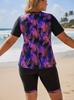 Plus Size Floral Swimwear - Two-Piece with Sun Protection Vest and Printed Briefs
