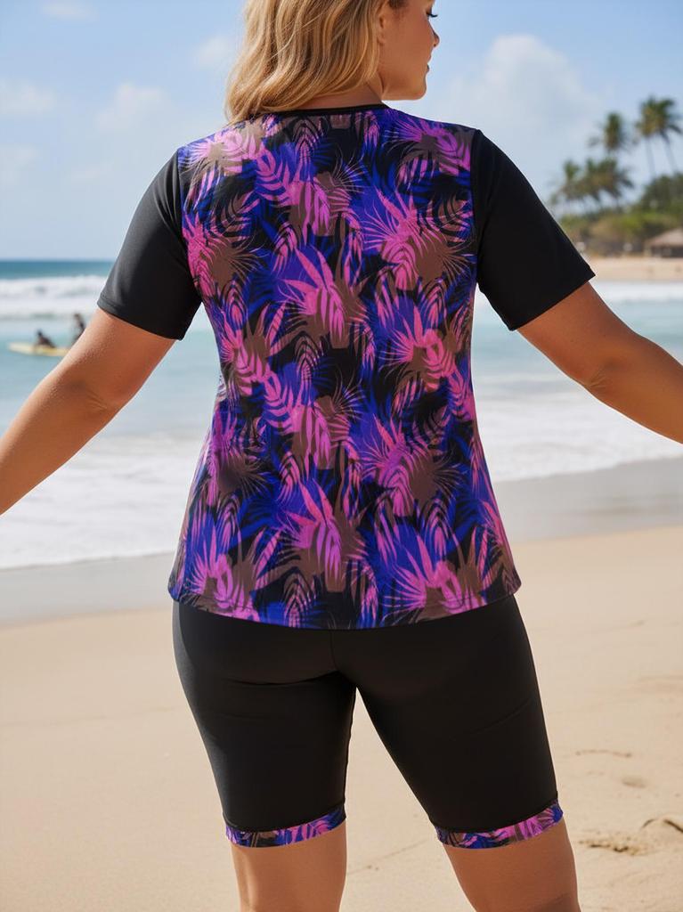 Plus Size Floral Swimwear - Two-Piece with Sun Protection Vest and Printed Briefs