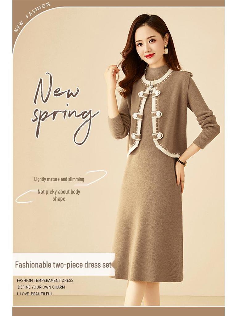 Goddess Style Knitted Two-Piece Set: Mid-Length Long-Sleeve Dress for Fall/Winter 2025