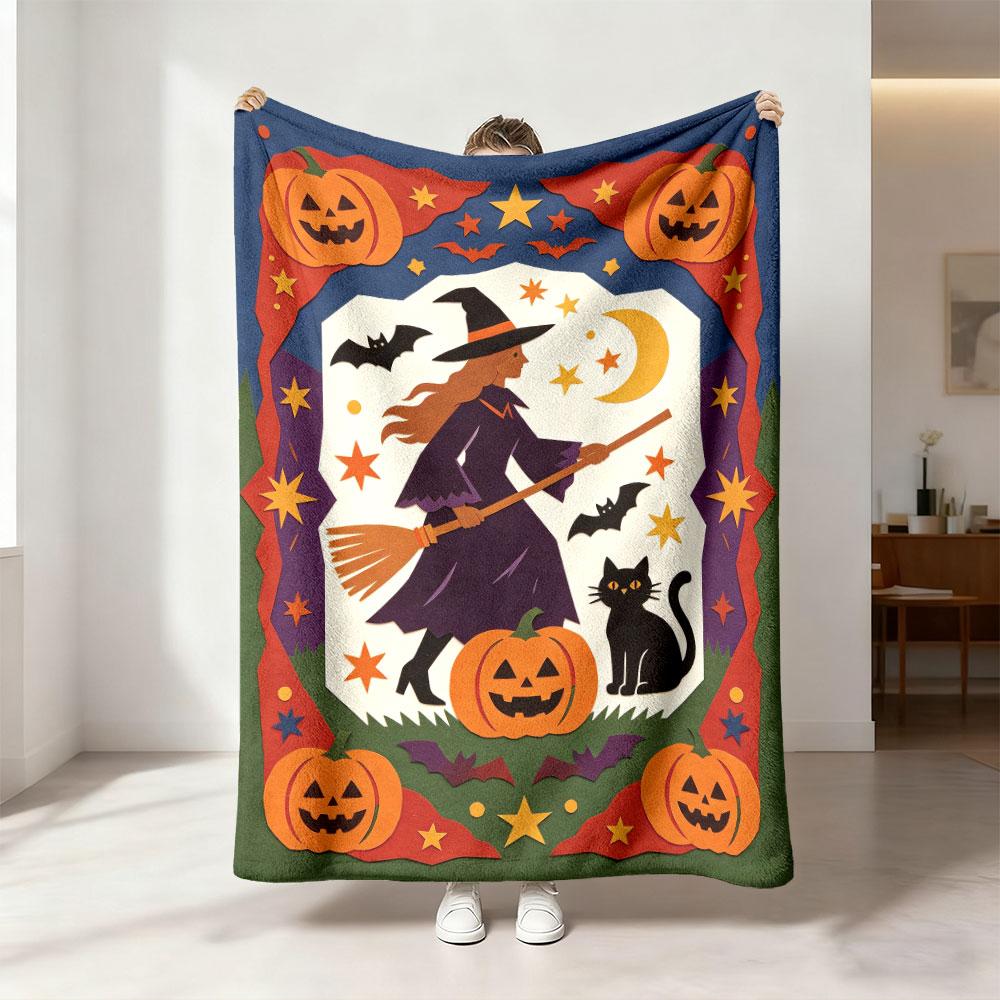 1pc Halloween Witch Pumpkin Bat Black Cat 230g Flannel Blanket, Soft Throw Blanket For Sofa Leisure And Relaxing Nap Time