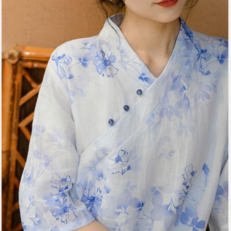 Johnature Women Vintage Print Floral Dress V-Neck Half Sleeve Button Summer Chinese Style A-Line Women Dresses