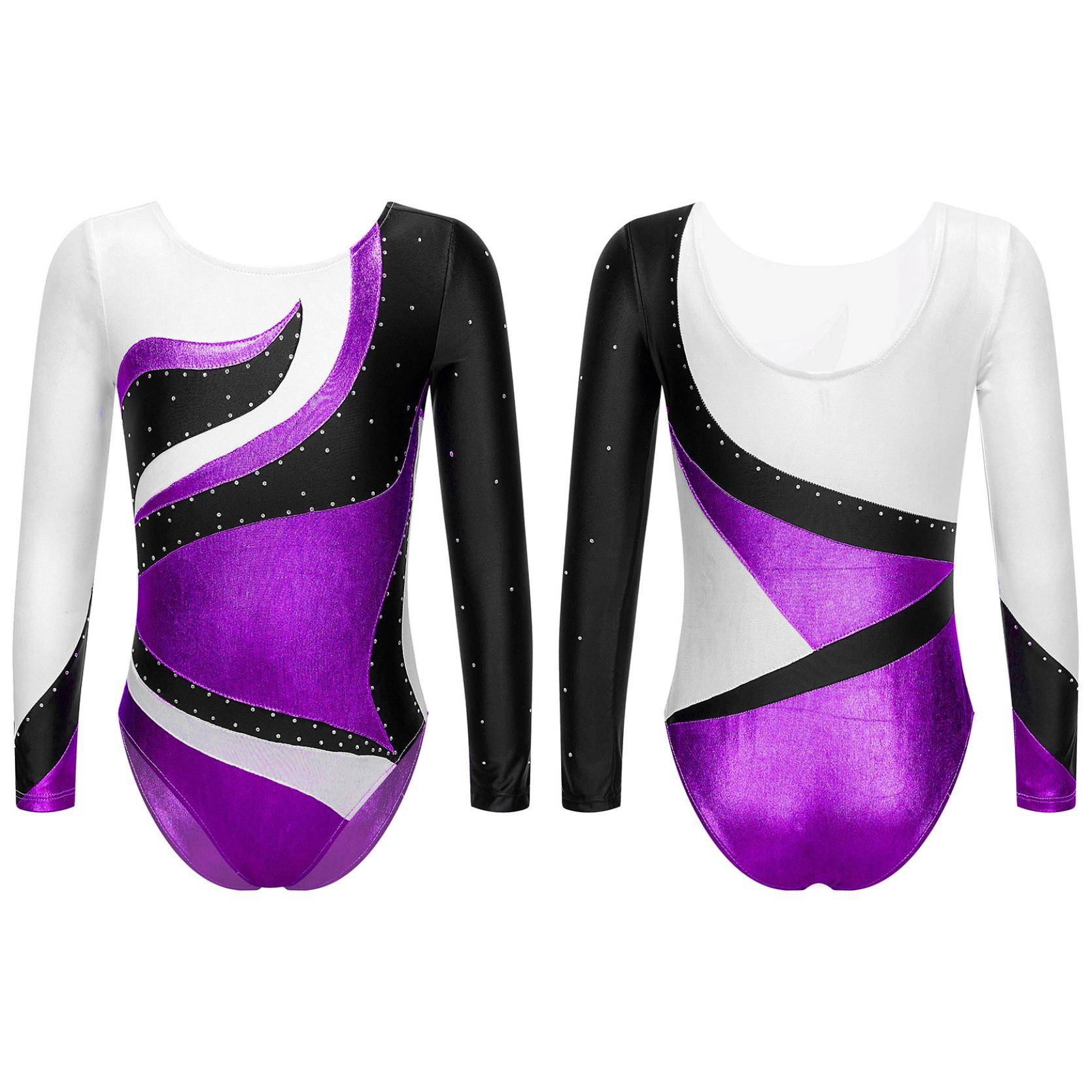 

Детский гимнастический купальник с блестящим декором из стразов для девочек, боди с круглым вырезом и длинными рукавами для фитнеса и танцев, наряд 13-14 Years фиолетовый