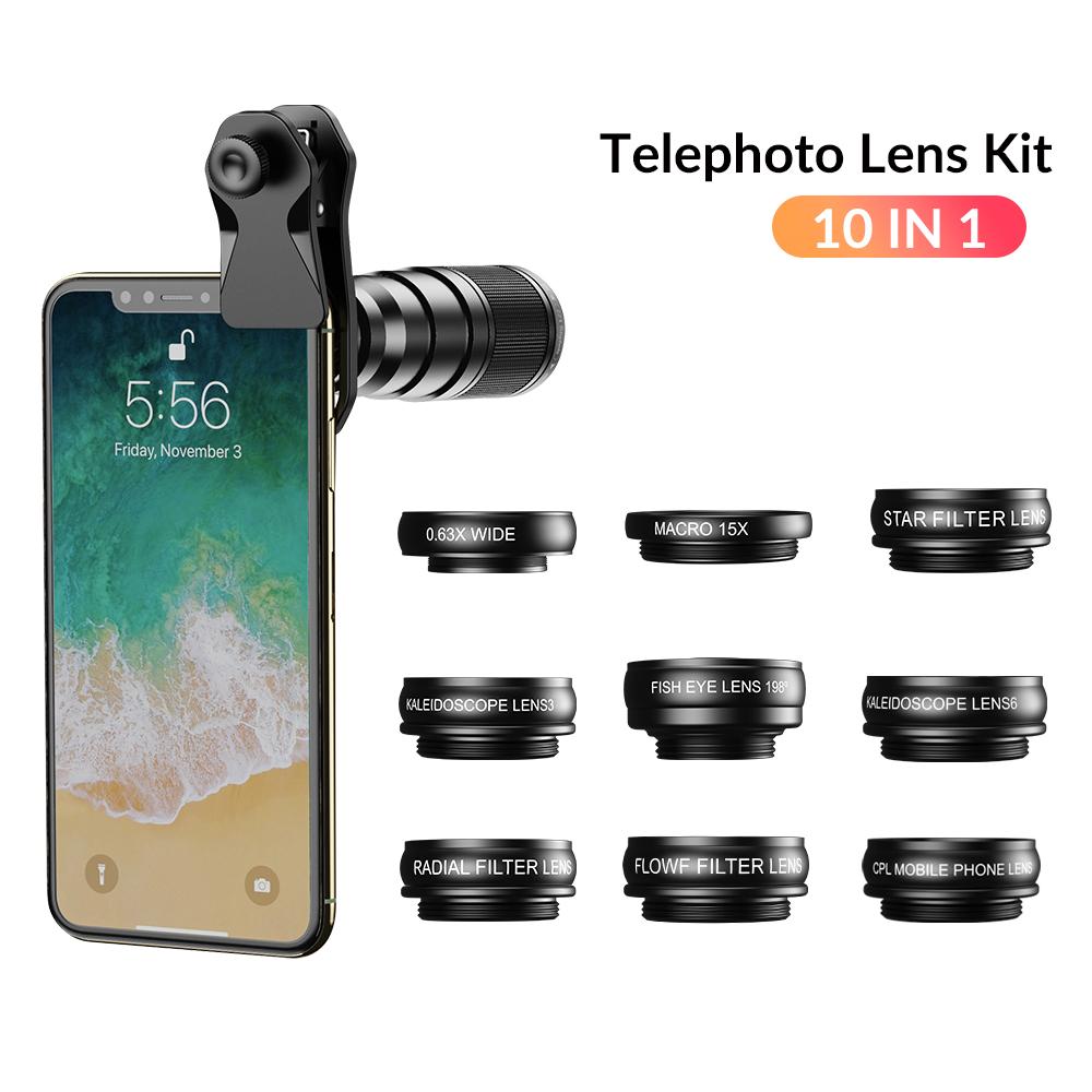 HD Optical 22x Telephoto Fisheye Wide Angle Macro Lens, Universal 10 in 1 Phone Camera Lens Kit External Phone Lens APL-22XGD9