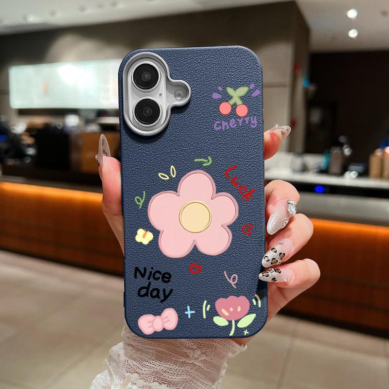 Cute Carton Flower Pattern Leather Texture Slim Soft Case For iPhone 16 Pro Max 15 14 Pro 13 12 11 Matte Lens Protection Shockproof TPU Phone Cover