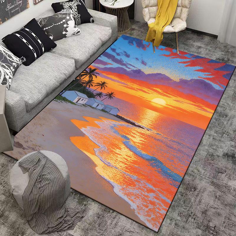 Tropical Sunset Beach Carpet with Palm Trees and Ocean View Pattern Suitable for use as an anti-slip for living room bedroom sofas