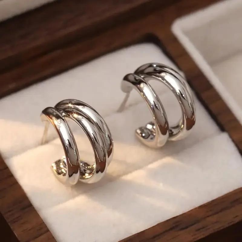 

CAOSHI C Shaped Elegant Simple Versatile Hoop Earrings Classics Metal Style Multi-layers Gold Color Daily Wear Zircon for Women