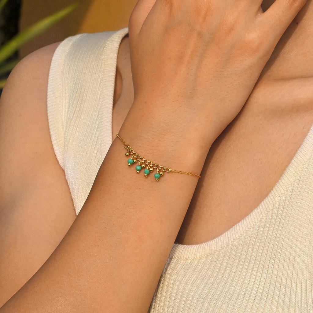 Statement Beaded Dangling Bracelet for Women, Gold Plated Stainless Steel, Adjustable Handmade Wristband Jewelry Waterproof