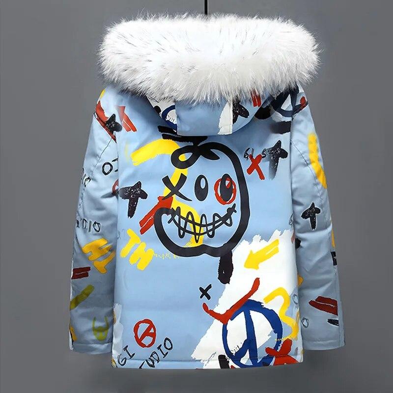

Funny Graffiti Print Winter Down Jacket Men White Duck Down Thick Warm Windbreaker Couple Removable Fur Collar Padded Parkas New