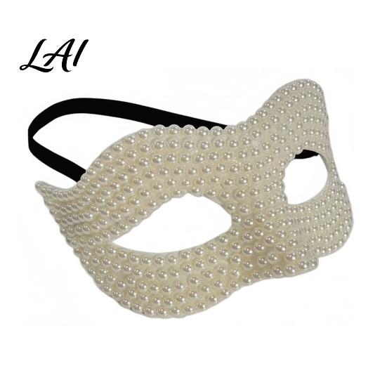 Adjustable Party Masks Halloween Half Face Masquerade Mask Pearl Decor Venetian Black Mask Elegant Costume Accessory for Stage Show Evening