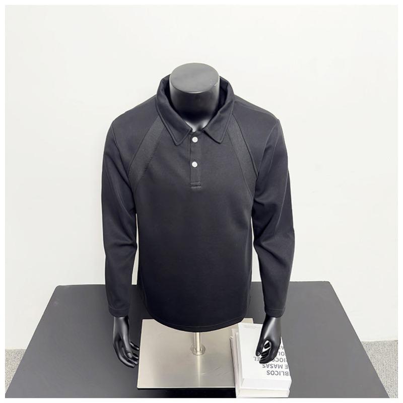 2025 Autumn New Men's American Casual POLO Shirt Lapel Solid Color Versatile Loose Long-sleeved Button Pullover