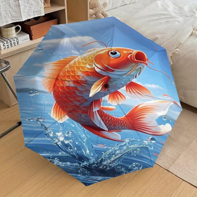 1PC Koi fish Automatic Open/Close Umbrella with Windproof, 8-Rib Sturdy Canopy, Durable Ribs, Fashionable Design, Outdoor Accessory, Fun Prin, Holiday