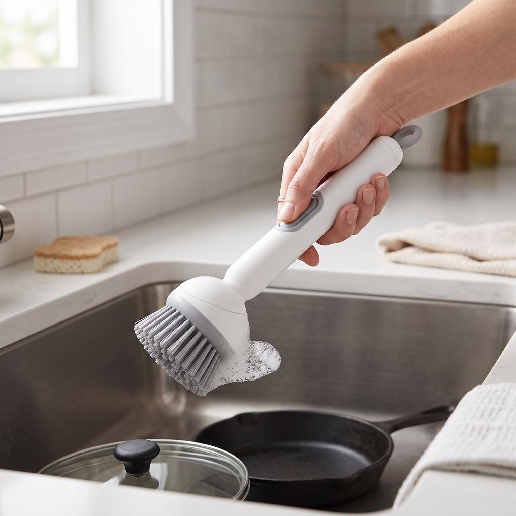 Soap dispenser dish brush, 360 degree rotating head