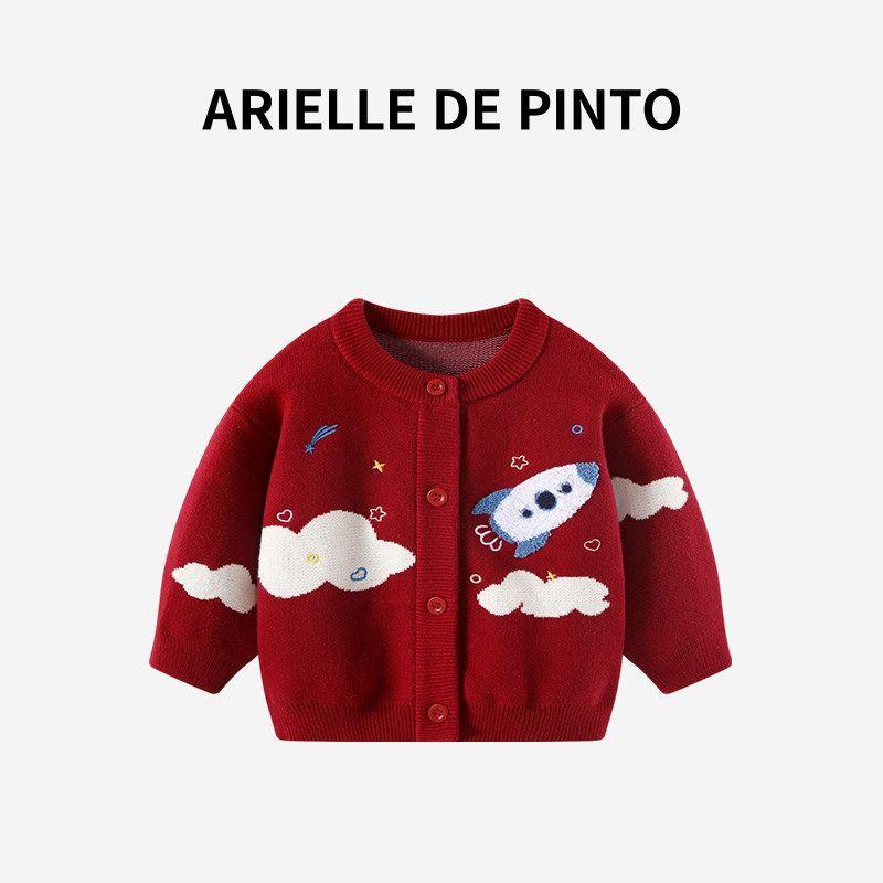 French Arielle De Pinto Knitted Sweater for Boys and Girls, Autumn and Winter Style, Cloud Rocket Red Sweater [Red]6664 110