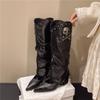 Retro Klinknagel Hoge Schacht Laars Kort Franse Stijl Dames Veelzijdig Western Cowboy Lange Schacht Laars Britse Ridderlaars