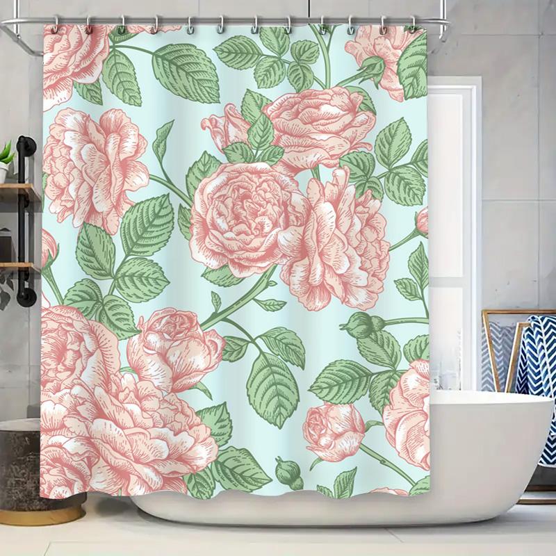 

Romantic Floral Shower Curtain Decor Pink Roses Green Leaves, Printed Fabric Waterproof Bath Rug Cover For Home Bathroom W60H190(CM)-1 Pcs