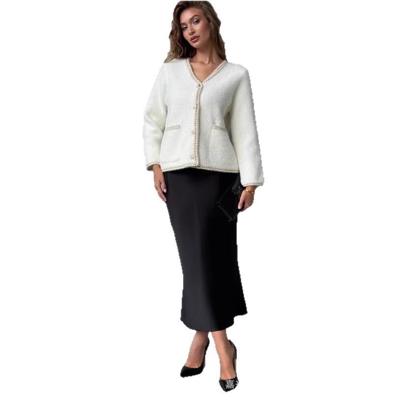 Russian Xiaoxiangfeng jacket single-breasted V-neck long-sleeved sweater top women's autumn loose-knit cardigan