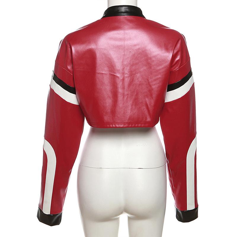 2025 Spring Autumn Fashion Biker Hit Color Jacket Women New Embroidery Splicing Slim Imitation Leather Coat