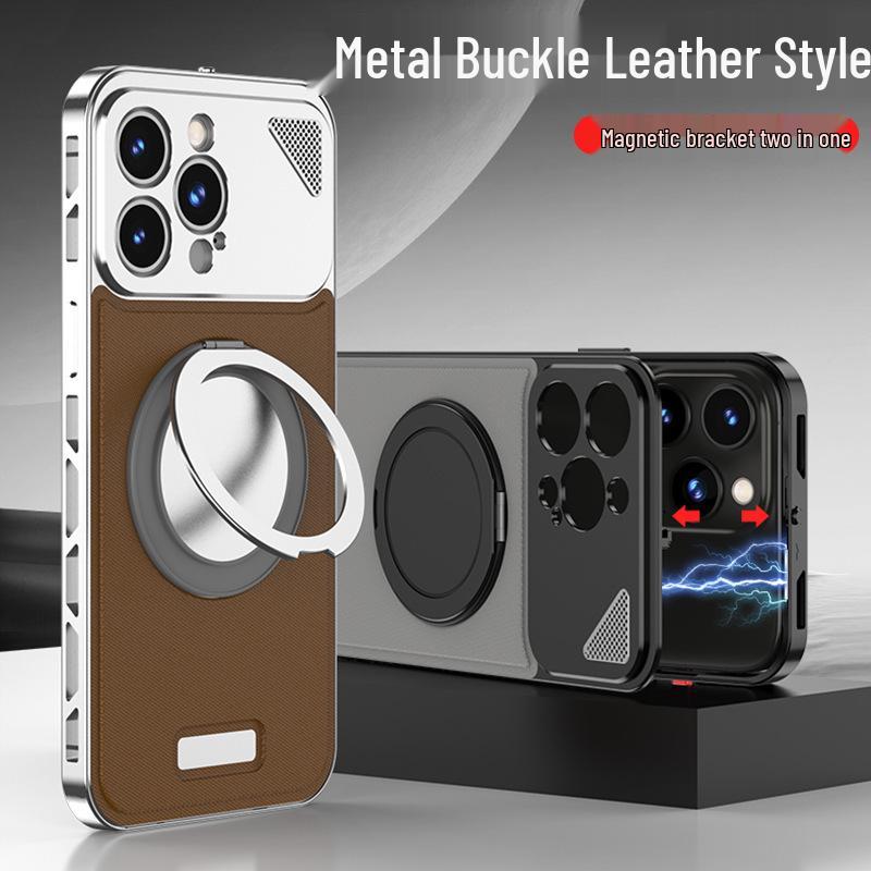 Aluminum Alloy Leather Buckle Phone Case with Rotating Stand for iPhone 16 Pro Max, Compatible with Apple 14