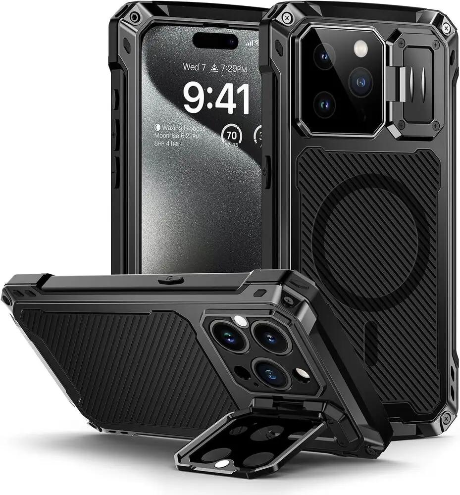 Case for 17 Air 15 ProMax 16 Pro Heavy Duty Military Armor Metal Tempered Glass Shockproof Heavy Duty Tough Lens Protect Cover iPhone17 чёрный