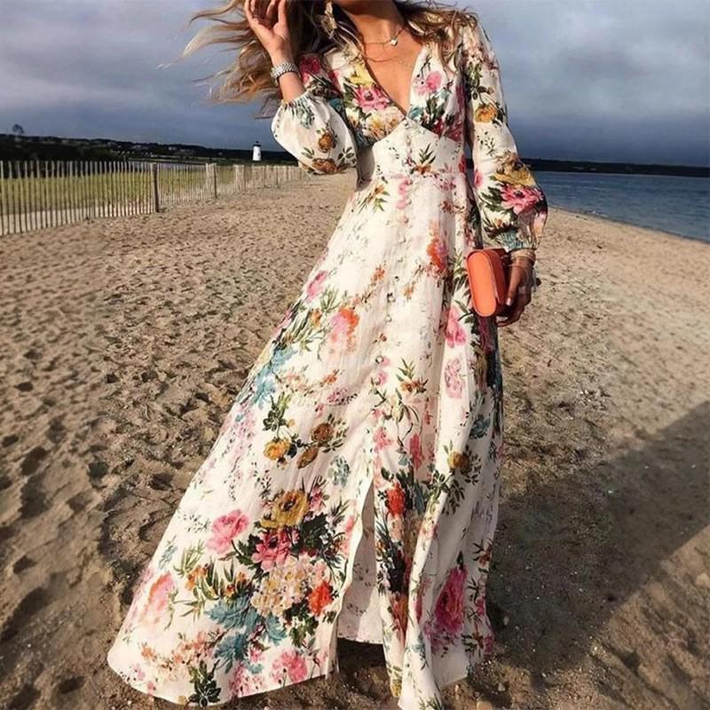 Evropa, Amerika, šaty ebay nezávislá stanice přání hluboký výstřih dlouhý rukáv tištěné šaty