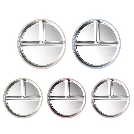 Divided Dining Plate with Suction Cups Stainless Steel Baby Plates Toddler Meal Tray Non-Slip Silicone Cover Heat-Insulated Feeding Tray