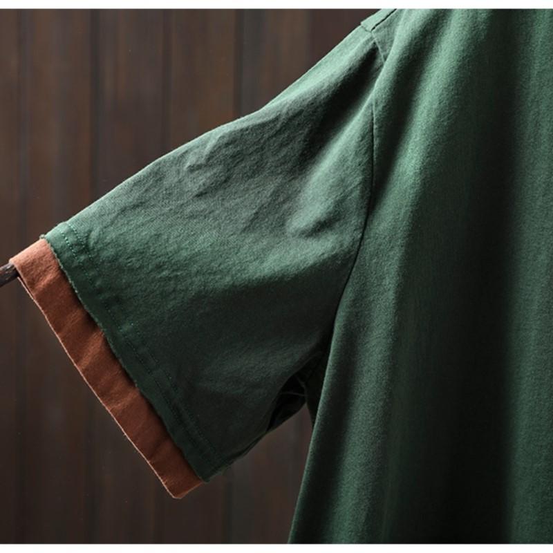 Johnature Women Vintage T-Shirts O-Neck Short Sleeve Soft Summer Patchwork Pockets Casual T-shirts Female